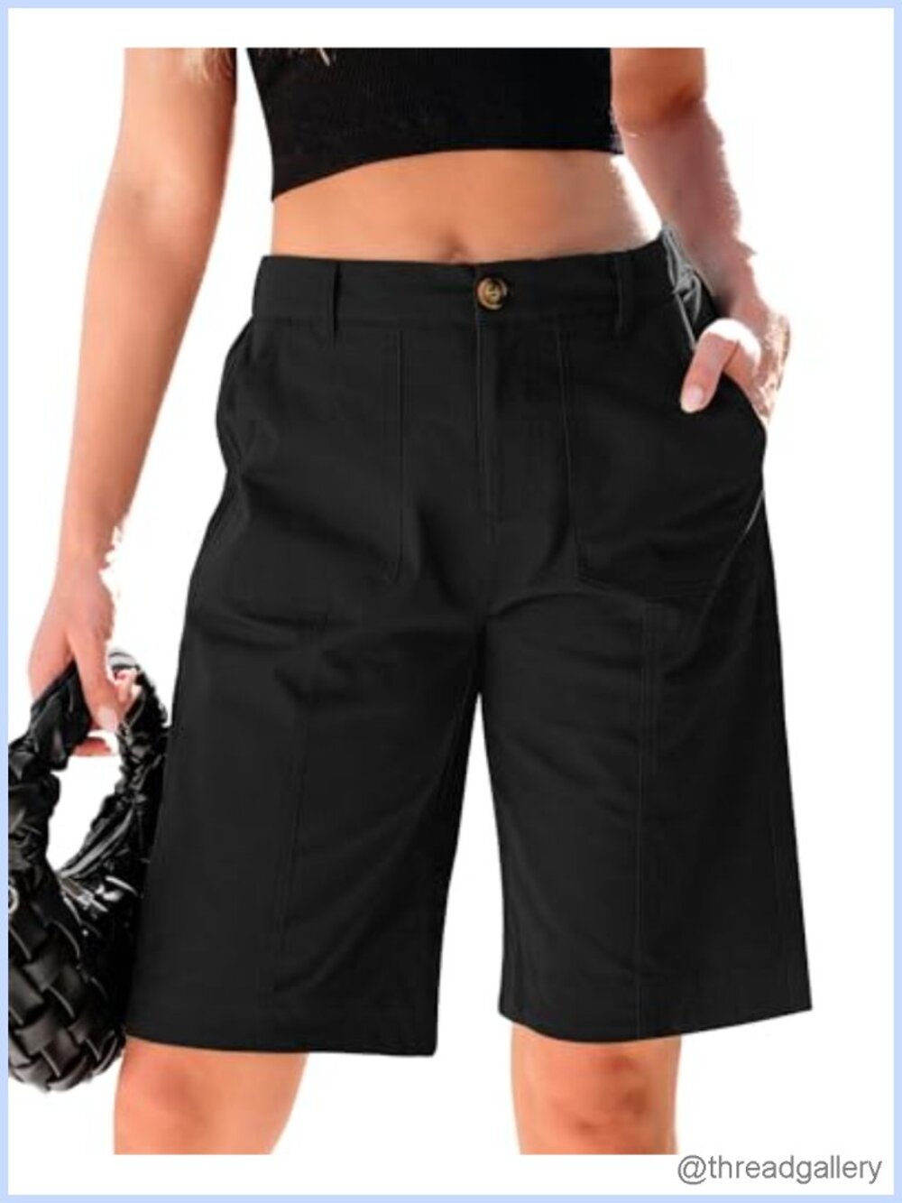High Waisted Bermuda Shorts Cotton Elastane Women Knee Length Chino